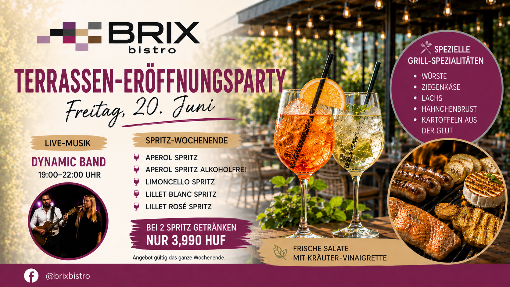 BRIX Bistro Terrassen-Eröffnungsparty mit Live-Musik, Spritz-Cocktails und Grill-Spezialitäten in Hévíz