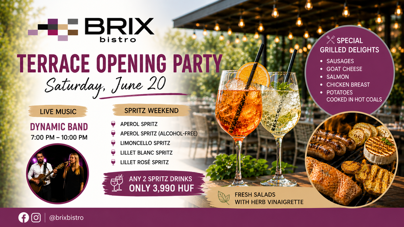 BRIX Bistro terrace opening party poster with live music, spritz cocktails and grilled specialties in Hévíz
