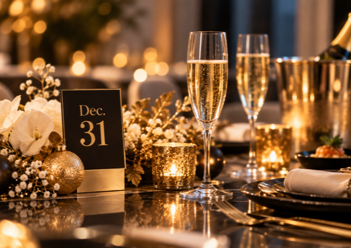 Elegant New Year’s Eve atmosphere with champagne and December 31 decoration at Bonvital Hotel in Hévíz