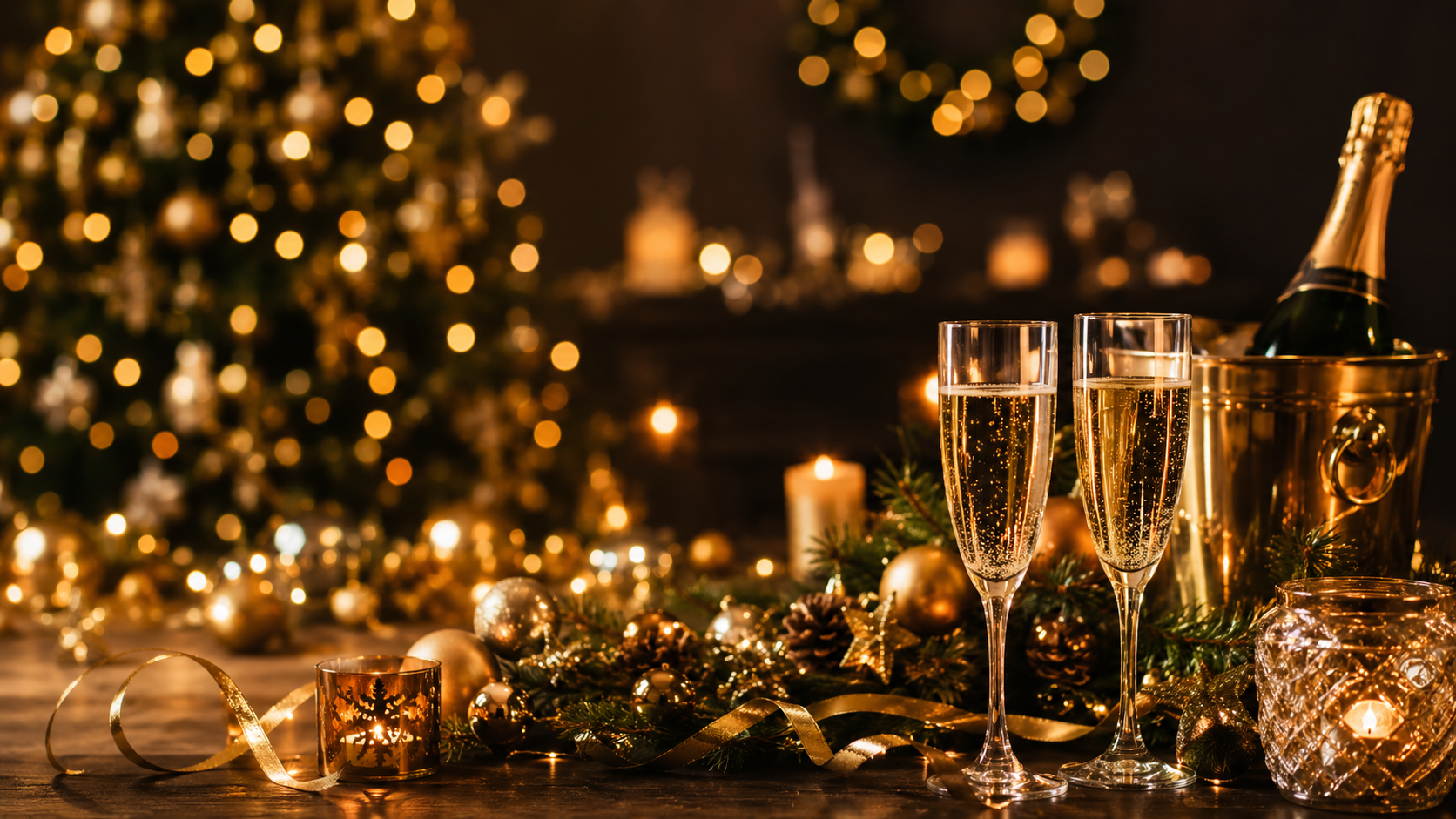 Festliche Weihnachts- und Silvesterstimmung mit Sekt, Weihnachtsbaum und goldener Dekoration